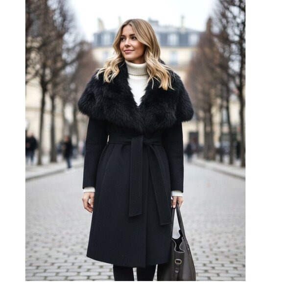 Fleurette Women's Black Oversize Dyed Fox Fur-collar Wool Wrap Coat O/S - Picture 1 of 9